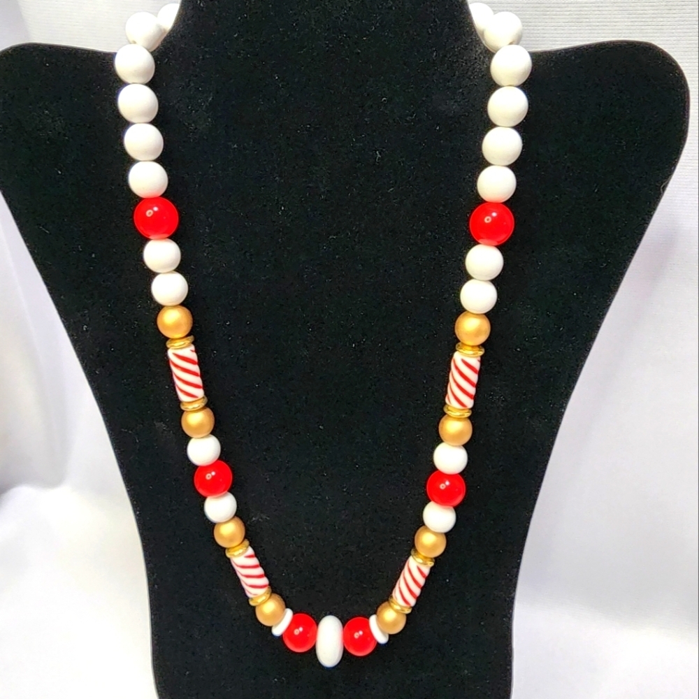 Avon Red White and Gold Bead Necklace